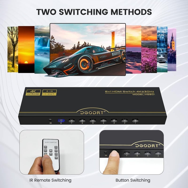 DGODRT 8×1 HDMI Switch 8 in 1 Out, 8 Port 4K HDMI Switcher Selector Box with IR Remote Control, Support 4K@30Hz Ultra HDR HDCP 3D 1080P for Xbox PS4 PC Laptop - Image 3